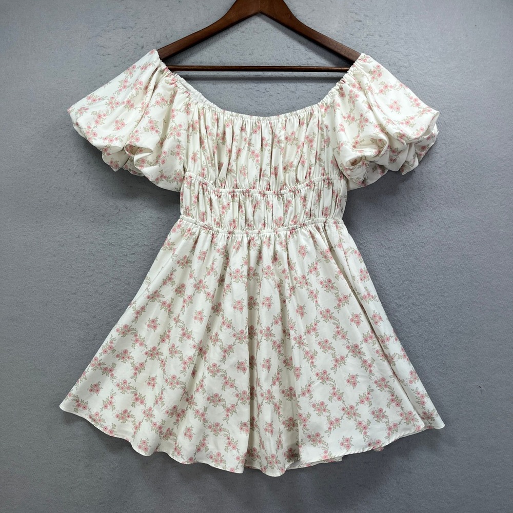 Cotton Candy LA Mini Dress Womens S White Floral Puff Sleeve Smocked Coquette